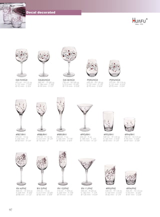 Decal decorated




     DA19/HGX              DA20/HGX                    DA18/HGX                   PS90/HGX                   PS93/HGX
     470 ml - 16 1/2 oz    380 ml - 13 3/8 oz         750 ml - 26 3/8 oz          630 ml - 22 1/8 oz         575 ml - 20 1/4 oz
     h 197 mm - 7 3/4''    h 186 mm - 7 3/8''         h 213 mm - 8 3/8''          h 131 mm - 5 1/8''         h 121 mm - 4 3/4''
     Ø 95 mm - 3 3/4''     Ø 90 mm - 3 1/2''          Ø 119 mm - 4 5/8''          Ø 95 mm - 3 3/4''          Ø 95 mm - 3 3/4''




     4987/RH1             4988/RH1              4989/RH1                   4993/RH1                    4995/RH1               4994/RH1
     370 ml - 13 oz       270 ml - 9 1/2 oz     200 ml - 7 oz              255 ml - 9 oz               545 ml - 19 1/4 oz     355 ml - 12 1/2 oz
     h 230 mm - 9''       h 210 mm - 8 1/4''    h 250 mm - 9 7/8''         h 189 mm - 7 1/2''          h 145 mm - 5 3/4''     h 93 mm - 3 5/8''
     Ø 83 mm - 3 1/4''    Ø 76 mm - 3''         Ø 70 mm - 2 3/4''          Ø 115 mm - 4 1/2''          Ø 82 mm - 3 1/4''      Ø 87 mm - 3 3/8''




      RV-4/PHZ            RV-3/PHZ               RV-10/PHZ                  RV-11/PHZ                    4995/PHZ                 4994/PHZ
     420 ml - 14 3/4 oz   370 ml - 13 oz        210 ml - 7 3/8 oz           245 ml - 8 5/8 oz            545 ml - 19 1/4 oz       355 ml - 12 1/2 oz
     h 238 mm - 9 3/8''   h 213 mm - 8 3/8''    h 250 mm - 9 7/8''          h 185 mm - 7 1/4''           h 145 mm - 5 3/4''       h 93 mm - 3 5/8''
     Ø 88 mm - 3 1/2''    Ø 85 mm - 3 3/8''     Ø 74 mm - 2 7/8''           Ø 120 mm - 4 3/4''           Ø 82 mm - 3 1/4''        Ø 87 mm - 3 3/8''




97
 