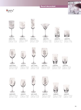 Decal decorated




HWI01/PT2             HWI02/PT2              HWI03/PT2                MB07/PT2                 JS008/PT2              JS009/PT2
425 ml - 15 oz        330 ml - 11 5/8 oz     235 ml - 8 1/4 oz        320 ml - 11 1/4 oz       470 ml - 16 1/2 oz     370 ml - 13 oz
h 235 mm - 9 1/4''    h 220 mm - 8 5/8''     h 265 mm - 10 3/8''      h 184 mm - 7 1/4''       h 152 mm - 6''         h 92 mm - 3 5/8''
Ø 78 mm - 3 1/8''     Ø 75 mm - 3''          Ø 70 mm - 2 3/4''        Ø 125 mm - 4 7/8''       Ø 69 mm - 2 3/4''      Ø 78 mm - 3 1/8''




 US03-3/WTS             US03/WTS              US01-2/WTS            AB01/WTS               LN08/WTS                 LN09/WTS
 530 ml - 18 5/8 oz     335 ml - 11 3/4 oz    190 ml - 6 3/4 oz    605 ml - 21 1/4 oz      445 ml - 15 5/8 oz    335 ml - 11 3/4 oz
 h 210 mm - 8 1/4''     h 188 mm -7 3/8''     h 240 mm - 9 1/2''   h 225 mm - 8 7/8''      h 146 mm - 5 3/4''    h 108 mm - 4 1/4''
 Ø 91 mm - 3 5/8''      Ø 79 mm - 3 1/8''     Ø 72 mm - 2 7/8''    Ø 95 mm - 3 3/4''       Ø 81 mm - 3 1/4''     Ø 86 mm - 3 3/8''




 US03-3/XTS             US03/XTS              US01-2/XTS            AB01/XTS                 LN08/XTS                 LN09/XTS
 530 ml - 18 5/8 oz     335 ml - 11 3/4 oz    190 ml - 6 3/4 oz     605 ml - 21 1/4 oz      445 ml - 15 5/8 oz       335 ml - 11 3/4 oz
 h 210 mm - 8 1/4''     h 188 mm -7 3/8''     h 240 mm - 9 1/2''    h 225 mm - 8 7/8''      h 146 mm - 5 3/4''       h 108 mm - 4 1/4''
 Ø 91 mm - 3 5/8''      Ø 79 mm - 3 1/8''     Ø 72 mm - 2 7/8''     Ø 95 mm - 3 3/4''       Ø 81 mm - 3 1/4''        Ø 86 mm - 3 3/8''




                                                                                                                                          98
 