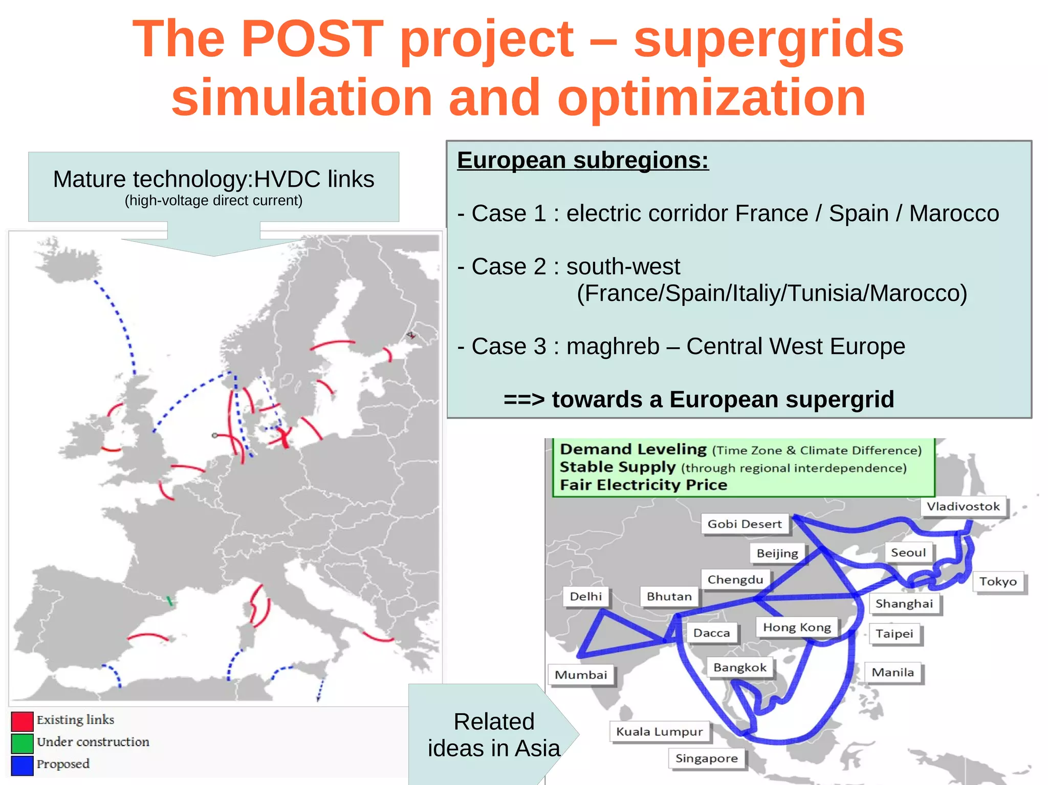 The POST project – supergrids
simulation and optimization
Mature technology:HVDC links
(high-voltage direct current)

European subregions:
- Case 1 : electric corridor France / Spain / Marocco
- Case 2 : south-west
(France/Spain/Italiy/Tunisia/Marocco)
- Case 3 : maghreb – Central West Europe
==> towards a European supergrid

Related
ideas in Asia

 
