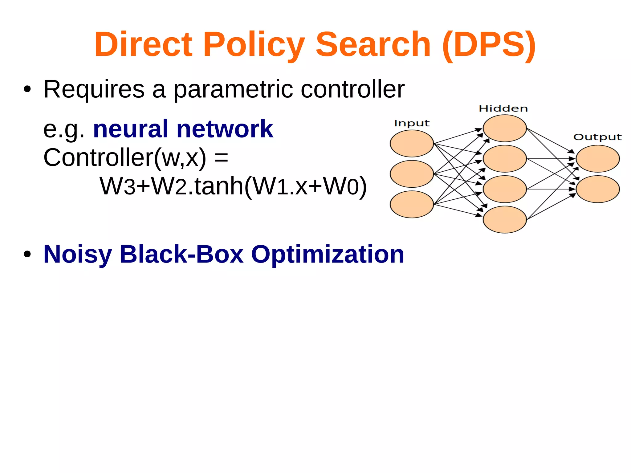 Direct Policy Search (DPS)
●

Requires a parametric controller
e.g. neural network
Controller(w,x) =
W3+W2.tanh(W1.x+W0)

●

Noisy Black-Box Optimization

 