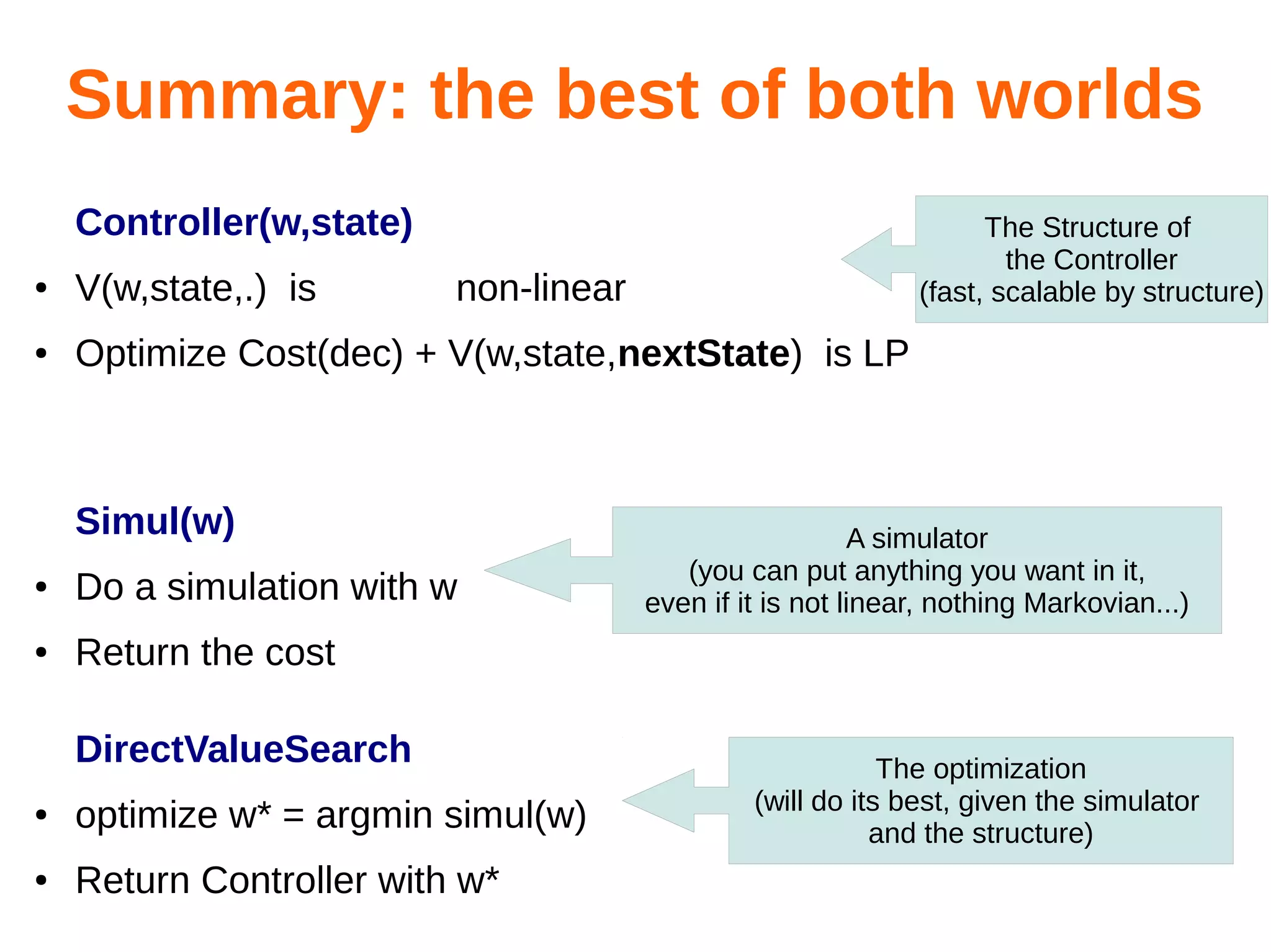 Summary: the best of both worlds
Controller(w,state)

The Structure of
the Controller
(fast, scalable by structure)

●

V(w,state,.) is

non-linear

●

Optimize Cost(dec) + V(w,state,nextState) is LP

Simul(w)
●

Do a simulation with w

●

A simulator
(you can put anything you want in it,
even if it is not linear, nothing Markovian...)

Return the cost
DirectValueSearch

●

optimize w* = argmin simul(w)

●

Return Controller with w*

The optimization
(will do its best, given the simulator
and the structure)

 