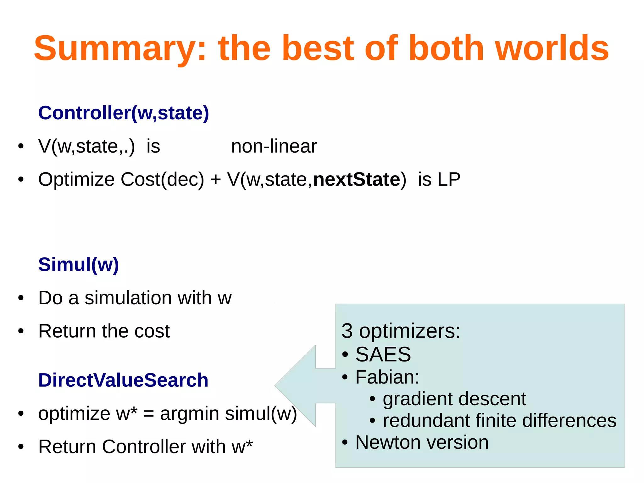 Summary: the best of both worlds
Controller(w,state)
●

V(w,state,.) is

non-linear

●

Optimize Cost(dec) + V(w,state,nextState) is LP

Simul(w)
●

Do a simulation with w

●

Return the cost

3 optimizers:
● SAES

DirectValueSearch

●

●

optimize w* = argmin simul(w)

●

Return Controller with w*

●

Fabian:
● gradient descent
● redundant finite differences
Newton version

 