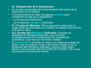 D.- Desaparición de la Respiración: Es el cese irreversible del funcionamiento del centro de la respiración en el cerebro. Frecuentemente se habla de algunas  pruebas  para comprobar el cese de la respiración: - La Prueba de WINSLOW. - La Prueba del  Hidrógeno  Sulfurado. D.1.Prueba de Winslow:  Afirmo que para probar que un sujeto está con vida basta con colocar un espejo limpio frente a la boca o nariz. D.2.-Prueba del  Hidrogeno  Sulfurado:  Consiste en identificar el hidrogeno sulfurado, que se forma inmediatamente por los fenómenos de putrefacción cadavérica y que sale por las fosas nasales. El  procedimiento  consiste en colocar un papel de acetato de plomo, que es incoloro, frente a las fosas nasales y por la presencia del hidrógeno sulfurado, toma un color negro, debido a la formación del SULFURO DE PLOMO. Por lo que se presume a la persona muerta.  