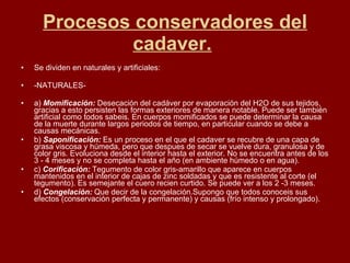 Procesos conservadores del cadaver.   Se dividen en naturales y artificiales: -NATURALES- a)  Momificación:  Desecación del cadáver por evaporación del H2O de sus tejidos, gracias a esto persisten las formas exteriores de manera notable. Puede ser también artificial como todos sabeis. En cuerpos momificados se puede determinar la causa de la muerte durante largos periodos de tiempo, en particular cuando se debe a causas mecánicas. b)  Saponificación:  Es un proceso en el que el cadaver se recubre de una capa de grasa viscosa y húmeda, pero que despues de secar se vuelve dura, granulosa y de color gris. Evoluciona desde el interior hasta el exterior. No se encuentra antes de los 3 - 4 meses y no se completa hasta el año (en ambiente húmedo o en agua). c)  Corificación:  Tegumento de color gris-amarillo que aparece en cuerpos mantenidos en el interior de cajas de zinc soldadas y que es resistente al corte (el tegumento). Es semejante el cuero recien curtido. Se puede ver a los 2 -3 meses. d)  Congelación:  Que decir de la congelación.Supongo que todos conoceis sus efectos (conservación perfecta y permanente) y causas (frío intenso y prolongado). 