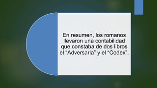 En resumen, los romanos
llevaron una contabilidad
que constaba de dos libros
el “Adversaria” y el “Codex”.
 