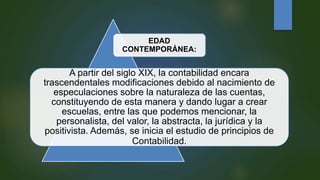EDAD
CONTEMPORÁNEA:
A partir del siglo XIX, la contabilidad encara
trascendentales modificaciones debido al nacimiento de
especulaciones sobre la naturaleza de las cuentas,
constituyendo de esta manera y dando lugar a crear
escuelas, entre las que podemos mencionar, la
personalista, del valor, la abstracta, la jurídica y la
positivista. Además, se inicia el estudio de principios de
Contabilidad.
 