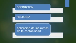 DEFINICION
HISTORIA
aplicación de las ramas
de la contabilidad
 