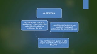 LA ESTÉTICA:
La estética es la ciencia que
estudia e investiga el
sistemático del sentimiento puro
y su manifestación, que es el arte,
según asienta Kant en su Crítica
del juicio.
Se puede decir que es la
ciencia cuyo objeto primordial
es la reflexión sobre los
problemas del arte
 