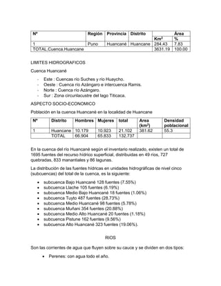 Nª Región Provincia Distrito Área
Km2 %
1 Puno Huancané Huancane 284.43 7.83
TOTAL.Cuenca.Huancane 3631.19 100.00
LIMITES HIDROGRAFICOS
Cuenca Huancané
- Este : Cuencas río Suches y río Huaycho.
- Oeste : Cuenca río Azángaro e intercuenca Ramis.
- Norte : Cuenca río Azángaro.
- Sur : Zona circunlacustre del lago Titicaca.
ASPECTO SOCIO-ECONOMICO
Población en la cuenca Huancané en la localidad de Huancane
Nª Distrito Hombres Mujeres total Area
(km2)
Densidad
poblacional
1 Huancane 10.179 10.923 21.102 381.62 55.3
TOTAL 66.904 65.833 132.737
En la cuenca del río Huancané según el inventario realizado, existen un total de
1695 fuentes del recurso hídrico superficial, distribuidas en 49 ríos, 727
quebradas, 833 manantiales y 86 lagunas.
La distribución de las fuentes hídricas en unidades hidrográficas de nivel cinco
(subcuencas) del total de la cuenca, es la siguiente:
 subcuenca Bajo Huancané 128 fuentes (7.55%)
 subcuenca Llache 105 fuentes (6.19%)
 subcuenca Medio Bajo Huancané 18 fuentes (1.06%)
 subcuenca Tuyto 487 fuentes (28.73%)
 subcuenca Medio Huancané 98 fuentes (5.78%)
 subcuenca Muñani 354 fuentes (20.88%)
 subcuenca Medio Alto Huancané 20 fuentes (1.18%)
 subcuenca Pistune 162 fuentes (9.56%)
 subcuenca Alto Huancané 323 fuentes (19.06%).
RIOS
Son las corrientes de agua que fluyen sobre su cauce y se dividen en dos tipos:
 Perenes: con agua todo el año.
 