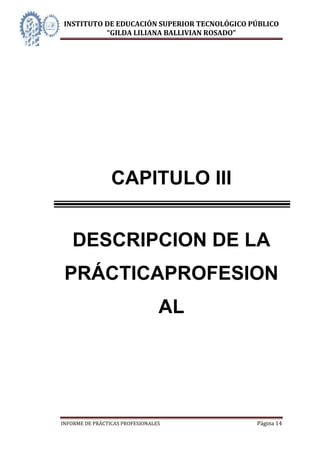 INSTITUTO DE EDUCACIÓN SUPERIOR TECNOLÓGICO PÚBLICO
          “GILDA LILIANA BALLIVIAN ROSADO”




                 CAPITULO III


   DESCRIPCION DE LA
 PRÁCTICAPROFESION
                                 AL




INFORME DE PRÁCTICAS PROFESIONALES           Página 14
 