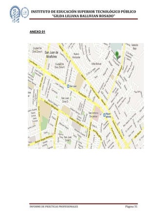INSTITUTO DE EDUCACIÓN SUPERIOR TECNOLÓGICO PÚBLICO
          “GILDA LILIANA BALLIVIAN ROSADO”



ANEXO 01




INFORME DE PRÁCTICAS PROFESIONALES           Página 31
 