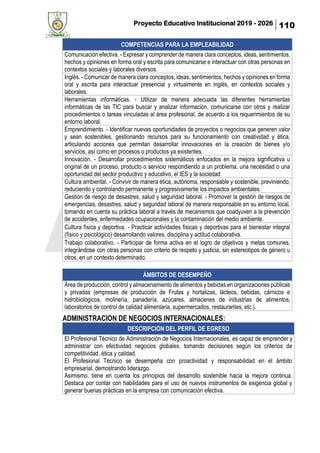 Proyecto Educativo Institucional 2019 - 2026 110
COMPETENCIAS PARA LA EMPLEABILIDAD
Comunicación efectiva. - Expresar y comprender de manera clara conceptos, ideas, sentimientos,
hechos y opiniones en forma oral y escrita para comunicarse e interactuar con otras personas en
contextos sociales y laborales diversos.
Inglés. - Comunicar de manera clara conceptos, ideas, sentimientos, hechos y opiniones en forma
oral y escrita para interactuar presencial y virtualmente en inglés, en contextos sociales y
laborales.
Herramientas informáticas. - Utilizar de manera adecuada las diferentes herramientas
informáticas de las TIC para buscar y analizar información, comunicarse con otros y realizar
procedimientos o tareas vinculadas al área profesional, de acuerdo a los requerimientos de su
entorno laboral.
Emprendimiento. - Identificar nuevas oportunidades de proyectos o negocios que generen valor
y sean sostenibles, gestionando recursos para su funcionamiento con creatividad y ética,
articulando acciones que permitan desarrollar innovaciones en la creación de bienes y/o
servicios, así como en procesos o productos ya existentes.
Innovación. - Desarrollar procedimientos sistemáticos enfocados en la mejora significativa u
original de un proceso, producto o servicio respondiendo a un problema, una necesidad o una
oportunidad del sector productivo y educativo, el IES y la sociedad
Cultura ambiental. - Convivir de manera ética, autónoma, responsable y sostenible, previniendo,
reduciendo y controlando permanente y progresivamente los impactos ambientales.
Gestión de riesgo de desastres, salud y seguridad laboral. - Promover la gestión de riesgos de
emergencias, desastres, salud y seguridad laboral de manera responsable en su entorno local,
tomando en cuenta su práctica laboral a través de mecanismos que coadyuven a la prevención
de accidentes, enfermedades ocupacionales y la contaminación del medio ambiente.
Cultura física y deportiva. - Practicar actividades físicas y deportivas para el bienestar integral
(físico y psicológico) desarrollando valores, disciplina y actitud colaborativa.
Trabajo colaborativo. - Participar de forma activa en el logro de objetivos y metas comunes,
integrándose con otras personas con criterio de respeto y justicia, sin estereotipos de género u
otros, en un contexto determinado.
ÁMBITOS DE DESEMPEÑO
Área de producción, control y almacenamiento de alimentos y bebidas en organizaciones públicas
y privadas (empresas de producción de Frutas y hortalizas, lácteos, bebidas, cárnicos e
hidrobiológicos, molinería, panadería, azúcares, almacenes de industrias de alimentos,
laboratorios de control de calidad alimentaria, supermercados, restaurantes, etc.).
ADMINISTRACION DE NEGOCIOS INTERNACIONALES:
DESCRIPCIÓN DEL PERFIL DE EGRESO
El Profesional Técnico de Administración de Negocios Internacionales, es capaz de emprender y
administrar con efectividad negocios globales, tomando decisiones según los criterios de
competitividad, ética y calidad.
El Profesional Técnico se desempeña con proactividad y responsabilidad en el ámbito
empresarial, demostrando liderazgo.
Asimismo, tiene en cuenta los principios del desarrollo sostenible hacia la mejora continua.
Destaca por contar con habilidades para el uso de nuevos instrumentos de exigencia global y
generar buenas prácticas en la empresa con comunicación efectiva.
 