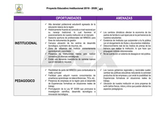 Proyecto Educativo Institucional 2019 - 2026 41
OPORTUNIDADES AMENAZAS
INSTITUCIONAL
✓ Alta densidad poblacional estudiantil egresada de la
educación básica de la región
✓ Históricamente Huando es conocido a nivel nacional por
su naranja tradicional, lo cual favorece el
posicionamiento de nuestra institución en el mercado
✓ Asesoría oportuna de profesionales del MINEDU para
fines de instrumentos de gestión
✓ Cercana ubicación de los centros de desarrollo
tecnológico, suministro de insumos, etc.
✓ Zona de influencia del Instituto eminentemente
agroindustrial y exportador
✓ Presencia de instituciones líderes para realizar
convenios y/o alianzas estratégicas.
✓ Existe una demanda insatisfecha de carreras nuevas
que el mercado lo requiere.
✓ Los cambios climáticos afectan la economía de los
padres de familia lo cual repercute en la permanencia de
nuestros estudiantes.
✓ Existencia de Institutos que sorprenden a la fe pública
con el otorgamiento de títulos y documentos indebidos.
✓ Desconocimiento real de los medios de prensa de los
trabajos que realiza la institución, lo que hace que
propaguen noticias distorsionadas.
✓ No se cuenta con un sistema de desagüe en red pública.
PEDAGOGICO
✓ Flexibilidad de parte del MINEDU para contextualizar la
malla curricular
✓ Facilidad para adquirir nuevos conocimientos de
enseñanza aprendizaje vía teleconferencias, TICs, etc.
✓ Presencia de empresas en la región para el desarrollo
de Experiencias formativas en situaciones reales de
trabajo
✓ Promulgación de la Ley Nº 30309 que promueve la
investigación científica, desarrollo tecnológico e
innovación tecnológica.
✓ Los nuevos gobiernos regionales y nacionales suelen
cambiar las políticas educativas reduciendo la actividad
productiva de las empresas y por ende la posibilidad de
Experiencias formativas en situaciones reales de
trabajo.
✓ Ubicación de nuestra institución en zona propensa de
sufrir daños físicos, robos y otros que puedan afectar los
aspectos pedagógicos.
 