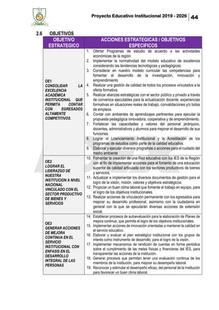 Proyecto Educativo Institucional 2019 - 2026 44
2.6 OBJETIVOS
OBJETIVO
ESTRATEGICO
ACCIONES ESTRATEGICAS / OBJETIVOS
ESPECIFICOS
OE1
CONSOLIDAR LA
EXCELENCIA
ACADÉMICA
INSTITUCIONAL QUE
PERMITA CONTAR
CON EGRESADOS
ALTAMENTE
COMPETITIVOS.
1. Ofertar Programas de estudio de acuerdo a las actividades
económicas de la región.
2. Implementar la normatividad del modelo educativo de excelencia
considerando las tendencias tecnológicas y pedagógicas.
3. Considerar en nuestro modelo curricular las competencias para
fomentar el desarrollo de la investigación, innovación y
emprendimiento
4. Realizar una gestión de calidad de todos los procesos vinculados a la
oferta formativa.
5. Realizar alianzas estratégicas con el sector público y privado a través
de convenios ejecutables para la actualización docente, experiencias
formativas en situaciones reales de trabajo, convalidaciones y/o bolsa
de empleos.
6. Contar con ambientes de aprendizajes pertinentes para ejecutar la
propuesta pedagógica innovadora, cooperativa y de emprendimiento.
7. Fortalecer las capacidades y valores del personal jerárquico,
docentes, administrativos y alumnos para mejorar el desarrollo de sus
funciones.
8. Lograr el Licenciamiento institucional y la Acreditación de los
programas de estudios como parte de la calidad educativa.
9. Elaborar y ejecutar diversos programas o acciones para el cuidado del
medio ambiente
OE2
LOGRAR EL
LIDERAZGO DE
NUESTRA
INSTITUCION A NIVEL
NACIONAL
VINCULADO CON EL
SECTOR PRODUCTIVO
DE BIENES Y
SERVICIOS
10. Fomentar la creación de una Red educativa con los IES de la Región
con el fin de implementar acciones para el fomento de una educación
superior de calidad articulada con los sectores productivos de bienes
y servicios.
11. Actualizar e implementar los diversos documentos de gestión para el
logro de la visión, misión, valores y objetivos estratégicos.
12. Propiciar un buen clima laboral que fomente el trabajo en equipo, para
el logro de los objetivos institucionales.
13. Realizar acciones de vinculación permanente con los egresados para
mejorar su desarrollo profesional, asimismo con la ciudadanía en
general con la que se ejecutarán diversas acciones de extensión
social.
OE3
GENERAR ACCIONES
DE MEJORA
CONTINUA EN EL
SERVICIO
INSTITUCIONAL CON
ENFASIS EN EL
DESARROLLO
INTEGRAL DE LAS
PERSONAS
14. Establecer procesos de autoevaluación para la elaboración de Planes de
mejora continua, que permita el logro de los objetivos institucionales.
15. Implementar acciones de innovación orientadas a mantener la calidad en
el servicio educativo.
16. Elaborar y evaluar el plan estratégico institucional con los grupos de
interés como instrumento de desarrollo, para el logro de la visión.
17. Implementar mecanismos de rendición de cuentas en forma periódica
sobre el cumplimiento de las metas físicas y financieras del IES, para
transparentar las acciones de la institución.
18. Generar procesos que permitan tener una evaluación continua de los
miembros de la institución, para mejorar su desempeño laboral.
19. Reconocer y estimular el desempeño eficaz, del personal de la Institución
para favorecer un buen clima laboral.
 