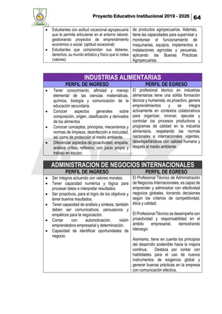 Proyecto Educativo Institucional 2019 - 2026 64
• Estudiantes con actitud vocacional agropecuaria
que le permita articularse en el entorno laboral,
gestionando proyectos de emprendimiento
económico o social. (aptitud vocacional)
• Estudiantes que comprendan sus deberes,
derechos, su mundo artístico y físico que lo rodea
(valores)
de productos agropecuarios. Además,
tiene las capacidades para supervisar y
monitorear el funcionamiento de
maquinarias, equipos, implementos e
instalaciones agrícolas y pecuarias,
aplicando las Buenas Prácticas
Agropecuarias.
INDUSTRIAS ALIMENTARIAS
PERFIL DE INGRESO PERFIL DE EGRESO
• Tener conocimiento, afinidad y manejo
elemental de las ciencias matemáticas,
química, biología y comunicación de la
educación secundaria.
• Conocer aspectos generales sobre
composición, origen, clasificación y derivados
de los alimentos
• Conocer conceptos, principios, mecanismos y
normas de limpieza, desinfección e inocuidad,
así como de protección al medio ambiente.
• Diferenciar aspectos de proactividad, empatía,
análisis crítico, reflexivo, con juicio propio y
trabajo en equipo.
El profesional técnico en industrias
alimentarias tiene una sólida formación
técnica y humanista, es proactivo, genera
emprendimientos y se integra
activamente en contextos colaborativos
para organizar, innovar, ejecutar y
controlar los procesos productivos y
programas de calidad en la industria
alimentaria, respetando las normas
nacionales e internacionales vigentes,
desempeñándose con calidad humana y
respeto al medio ambiente.
ADMINISTRACION DE NEGOCIOS INTERNACIONALES
PERFIL DE INGRESO PERFIL DE EGRESO
• Ser íntegros actuando con valores morales.
• Tener capacidad numérica y lógica para
procesar datos e interpretar resultados.
• Ser proactivos, para el logro de los objetivos y
tener buenos resultados.
• Tener capacidad de análisis y síntesis, también
deben ser comunicativos, persuasivos y
empáticos para la negociación.
• Contar con automotivación, visión
emprendedora empresarial y determinación.
• Capacidad de identificar oportunidades de
negocio.
El Profesional Técnico de Administración
de Negocios Internacionales, es capaz de
emprender y administrar con efectividad
negocios globales, tomando decisiones
según los criterios de competitividad,
ética y calidad.
El Profesional Técnico se desempeña con
proactividad y responsabilidad en el
ámbito empresarial, demostrando
liderazgo.
Asimismo, tiene en cuenta los principios
del desarrollo sostenible hacia la mejora
continua. Destaca por contar con
habilidades para el uso de nuevos
instrumentos de exigencia global y
generar buenas prácticas en la empresa
con comunicación efectiva.
 