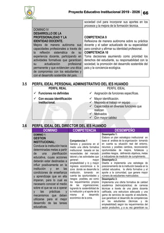 Proyecto Educativo Institucional 2019 - 2026 66
sociedad civil para incorporar sus aportes en los
procesos y la mejora de la formación técnica.
DOMINIO IV
DESARROLLO DE LA
PROFESIONALIDAD Y LA
IDENTIDAD DOCENTE.
Mejora de manera autónoma sus
capacidades profesionales a través de
la reflexión sistemática de su
experiencia docente, participando en
actividades formativas que garanticen
su actualización profesional
permanente y que evidencien una ética
de compromiso con los estudiantes y
con el desarrollo sostenible del país.
COMPETENCIA 9
Reflexiona de manera autónoma sobre su práctica
docente y el saber actualizado de su especialidad
para construir y afirmar su identidad profesional.
COMPETENCIA 10
Toma decisiones asumiendo como prioridad los
derechos del estudiante, su responsabilidad con la
sociedad, la promoción del desarrollo sostenible del
país y la conciencia ecológica.
3.5 PERFIL IDEAL PERSONAL ADMINISTRATIVO DEL IES HUANDO
PERFIL REAL PERFIL IDEAL
✓ Funciones no definidas ✓ Asignación de funciones específicas.
✓ Con escaza identificación
institucional.
✓ Mayor identificación.
✓ Mejorado el trabajo en equipo
✓ Capacitados en diversas funciones que
realizan
✓ Motivados
✓ Con mayor calidez
3.6 PERFIL IDEAL DEL DIRECTOR DEL IES HUANDO
DOMINIO COMPETENCIA DESEMPEÑO
DOMINIO 1:
GESTION
INSTITUCIONAL:
Conduce la institución hacia
determinadas metas a partir
de una planificación
educativa, cuyas acciones
deberán estar destinadas a
influir positivamente en la
institución y en las
condiciones de enseñanza
y aprendizaje que en ella
imperan, para lo cual es
necesario conocer el medio
sobre el que se va a operar
y las prácticas y
mecanismos que deben
utilizarse para el mejor
desarrollo de las tareas
educativas.
Competencias 1
Genera y posiciona en el
medio una oferta formativa
institucional basada en las
necesidades del mercado
laboral y las actividades que
generan mayor
empleabilidad y /o y mayor
ingresos económicos a la
zona donde se desarrolla la
institución, tomando en
cuenta las oportunidades y
riesgos posibles, así como
los requerimientos propios
de las organizaciones;
logrando la sostenibilidad de
la institución y el aporte de la
misma al desarrollo
económico de la zona.
Desempeño 1:
Elabora un plan estratégico institucional en
base al análisis de la organización tomando
en cuenta su situación real del entorno,
recursos y posibles cambios, reconociendo
oportunidades de mejora, fortalezas y
posibles riesgos, definiendo objetivos, metas
e indicadores de medición de cumplimiento.
Desempeño 2:
Diseña e implementa una estrategia de
posicionamiento de la institución basada en la
calidad educativa, la oferta formativa y el
aporte a la comunidad, que genere mayor
número de estudiantes matriculados.
Desempeño 3:
Implementa una oferta formativa de calidad
académica (teórica/práctica) de carreras
técnicas a través de una plana docente
calificada, una estructura adecuada y una
gama de servicios de soporte al estudiante,
que garanticen el desarrollo de competencias
en los estudiantes (técnicas y de
empleabilidad) según los requerimientos del
sector productivo, y a su vez garanticen su
 