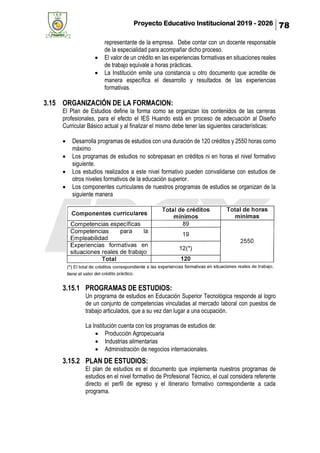 Proyecto Educativo Institucional 2019 - 2026 78
representante de la empresa. Debe contar con un docente responsable
de la especialidad para acompañar dicho proceso.
• El valor de un crédito en las experiencias formativas en situaciones reales
de trabajo equivale a horas prácticas.
• La Institución emite una constancia u otro documento que acredite de
manera específica el desarrollo y resultados de las experiencias
formativas.
3.15 ORGANIZACIÓN DE LA FORMACION:
El Plan de Estudios define la forma como se organizan los contenidos de las carreras
profesionales, para el efecto el IES Huando está en proceso de adecuación al Diseño
Curricular Básico actual y al finalizar el mismo debe tener las siguientes características:
• Desarrolla programas de estudios con una duración de 120 créditos y 2550 horas como
máximo
• Los programas de estudios no sobrepasan en créditos ni en horas el nivel formativo
siguiente.
• Los estudios realizados a este nivel formativo pueden convalidarse con estudios de
otros niveles formativos de la educación superior.
• Los componentes curriculares de nuestros programas de estudios se organizan de la
siguiente manera
3.15.1 PROGRAMAS DE ESTUDIOS:
Un programa de estudios en Educación Superior Tecnológica responde al logro
de un conjunto de competencias vinculadas al mercado laboral con puestos de
trabajo articulados, que a su vez dan lugar a una ocupación.
La Institución cuenta con los programas de estudios de:
• Producción Agropecuaria
• Industrias alimentarias
• Administración de negocios internacionales.
3.15.2 PLAN DE ESTUDIOS:
El plan de estudios es el documento que implementa nuestros programas de
estudios en el nivel formativo de Profesional Técnico, el cual considera referente
directo el perfil de egreso y el itinerario formativo correspondiente a cada
programa.
 