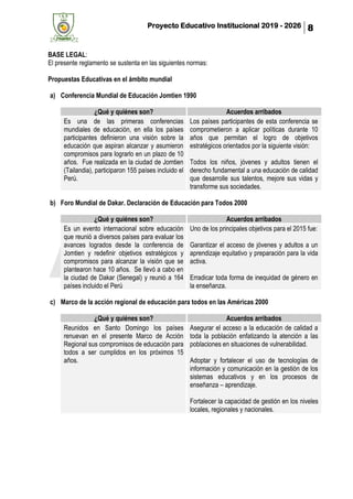 Proyecto Educativo Institucional 2019 - 2026 8
BASE LEGAL:
El presente reglamento se sustenta en las siguientes normas:
Propuestas Educativas en el ámbito mundial
a) Conferencia Mundial de Educación Jomtien 1990
¿Qué y quiénes son? Acuerdos arribados
Es una de las primeras conferencias
mundiales de educación, en ella los países
participantes definieron una visión sobre la
educación que aspiran alcanzar y asumieron
compromisos para lograrlo en un plazo de 10
años. Fue realizada en la ciudad de Jomtien
(Tailandia), participaron 155 países incluido el
Perú.
Los países participantes de esta conferencia se
comprometieron a aplicar políticas durante 10
años que permitan el logro de objetivos
estratégicos orientados por la siguiente visión:
Todos los niños, jóvenes y adultos tienen el
derecho fundamental a una educación de calidad
que desarrolle sus talentos, mejore sus vidas y
transforme sus sociedades.
b) Foro Mundial de Dakar. Declaración de Educación para Todos 2000
¿Qué y quiénes son? Acuerdos arribados
Es un evento internacional sobre educación
que reunió a diversos países para evaluar los
avances logrados desde la conferencia de
Jomtien y redefinir objetivos estratégicos y
compromisos para alcanzar la visión que se
plantearon hace 10 años. Se llevó a cabo en
la ciudad de Dakar (Senegal) y reunió a 164
países incluido el Perú
Uno de los principales objetivos para el 2015 fue:
Garantizar el acceso de jóvenes y adultos a un
aprendizaje equitativo y preparación para la vida
activa.
Erradicar toda forma de inequidad de género en
la enseñanza.
c) Marco de la acción regional de educación para todos en las Américas 2000
¿Qué y quiénes son? Acuerdos arribados
Reunidos en Santo Domingo los países
renuevan en el presente Marco de Acción
Regional sus compromisos de educación para
todos a ser cumplidos en los próximos 15
años.
Asegurar el acceso a la educación de calidad a
toda la población enfatizando la atención a las
poblaciones en situaciones de vulnerabilidad.
Adoptar y fortalecer el uso de tecnologías de
información y comunicación en la gestión de los
sistemas educativos y en los procesos de
enseñanza – aprendizaje.
Fortalecer la capacidad de gestión en los niveles
locales, regionales y nacionales.
 