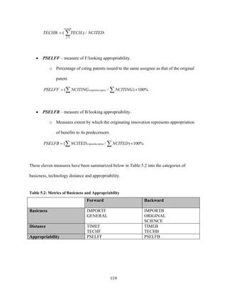 ncitedi
       TECHBi = ( ∑ TECHj ) / NCITEDi
                      j =1




   •   PSELFF – measure of F/looking appropriability.

            o Percentage of citing patents issued to the same assignee as that of the original

               patent.

        PSELFF = (∑ NCITINGoriginalassignee / ∑ NCITING ) × 100%




   •   PSELFB – measure of B/looking appropriability.

            o Measures extent by which the originating innovation represents appropriation

               of benefits to its predecessors.

        PSELFB = (∑ NCITEDoriginalassignee / ∑ NCITED ) × 100%



These eleven measures have been summarized below in Table 5.2 into the categories of

basicness, technology distance and appropriability.


Table 5.2: Metrics of Basicness and Appropriability
                                 Forward                         Backward

Basicness                        IMPORTF                         IMPORTB
                                 GENERAL                         ORIGINAL
                                                                 SCIENCE
Distance                         TIMEF                           TIMEB
                                 TECHF                           TECHB
Appropriability                  PSELFF                          PSELFB




                                                  119
 