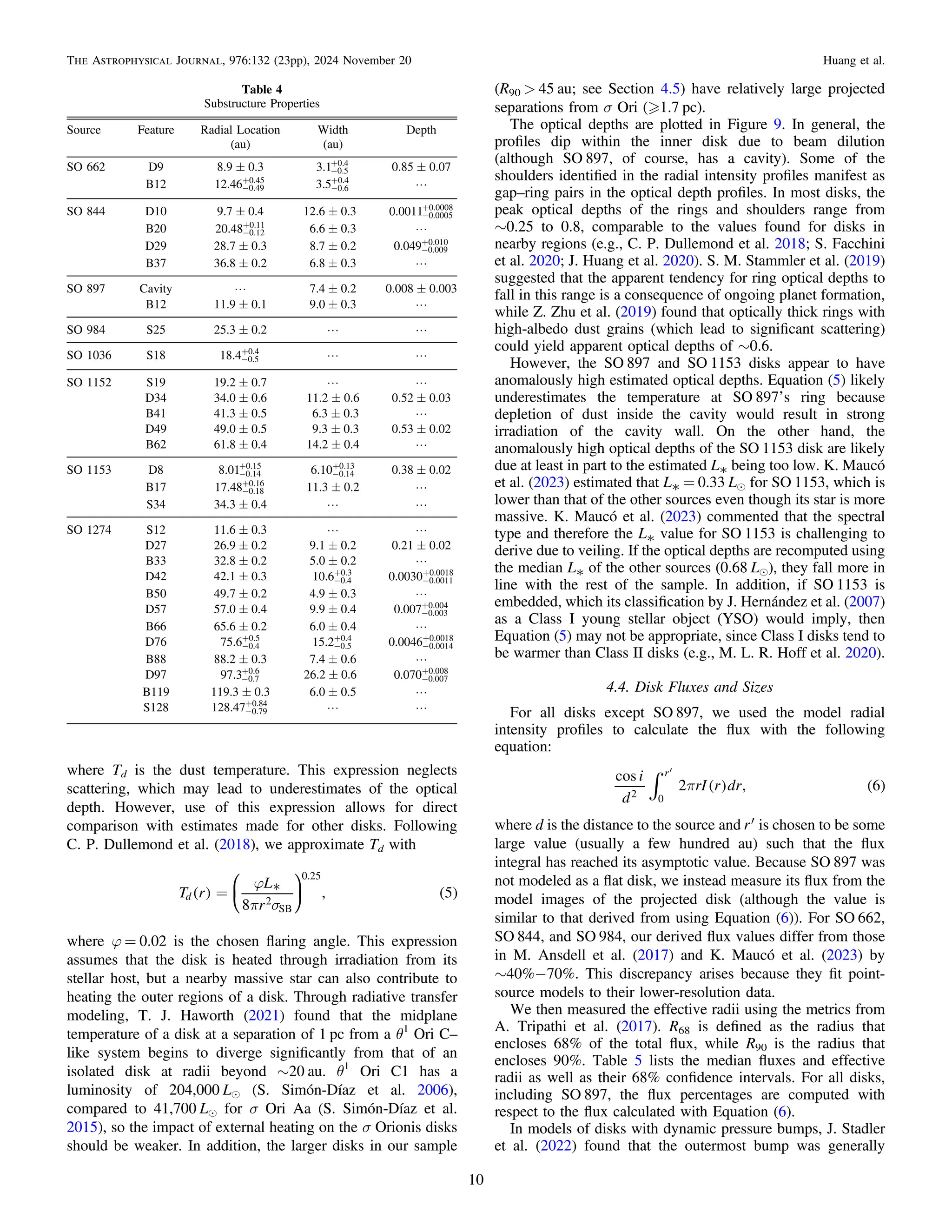 where Td is the dust temperature. This expression neglects
scattering, which may lead to underestimates of the optical
depth. However, use of this expression allows for direct
comparison with estimates made for other disks. Following
C. P. Dullemond et al. (2018), we approximate Td with
⎜ ⎟
⎛
⎝
⎞
⎠
( ) ( )
T r
L
r
8
, 5
d 2
SB
0.25
j
p s
= *
where j = 0.02 is the chosen ﬂaring angle. This expression
assumes that the disk is heated through irradiation from its
stellar host, but a nearby massive star can also contribute to
heating the outer regions of a disk. Through radiative transfer
modeling, T. J. Haworth (2021) found that the midplane
temperature of a disk at a separation of 1 pc from a θ1
Ori C–
like system begins to diverge signiﬁcantly from that of an
isolated disk at radii beyond ∼20 au. θ1
Ori C1 has a
luminosity of 204,000 Le (S. Simón-Díaz et al. 2006),
compared to 41,700 Le for σ Ori Aa (S. Simón-Díaz et al.
2015), so the impact of external heating on the σ Orionis disks
should be weaker. In addition, the larger disks in our sample
(R90 > 45 au; see Section 4.5) have relatively large projected
separations from σ Ori ( 1.7 pc).
The optical depths are plotted in Figure 9. In general, the
proﬁles dip within the inner disk due to beam dilution
(although SO 897, of course, has a cavity). Some of the
shoulders identiﬁed in the radial intensity proﬁles manifest as
gap–ring pairs in the optical depth proﬁles. In most disks, the
peak optical depths of the rings and shoulders range from
∼0.25 to 0.8, comparable to the values found for disks in
nearby regions (e.g., C. P. Dullemond et al. 2018; S. Facchini
et al. 2020; J. Huang et al. 2020). S. M. Stammler et al. (2019)
suggested that the apparent tendency for ring optical depths to
fall in this range is a consequence of ongoing planet formation,
while Z. Zhu et al. (2019) found that optically thick rings with
high-albedo dust grains (which lead to signiﬁcant scattering)
could yield apparent optical depths of ∼0.6.
However, the SO 897 and SO 1153 disks appear to have
anomalously high estimated optical depths. Equation (5) likely
underestimates the temperature at SO 897ʼs ring because
depletion of dust inside the cavity would result in strong
irradiation of the cavity wall. On the other hand, the
anomalously high optical depths of the SO 1153 disk are likely
due at least in part to the estimated L* being too low. K. Maucó
et al. (2023) estimated that L* = 0.33 Le for SO 1153, which is
lower than that of the other sources even though its star is more
massive. K. Maucó et al. (2023) commented that the spectral
type and therefore the L* value for SO 1153 is challenging to
derive due to veiling. If the optical depths are recomputed using
the median L* of the other sources (0.68 Le), they fall more in
line with the rest of the sample. In addition, if SO 1153 is
embedded, which its classiﬁcation by J. Hernández et al. (2007)
as a Class I young stellar object (YSO) would imply, then
Equation (5) may not be appropriate, since Class I disks tend to
be warmer than Class II disks (e.g., M. L. R. Hoff et al. 2020).
4.4. Disk Fluxes and Sizes
For all disks except SO 897, we used the model radial
intensity proﬁles to calculate the ﬂux with the following
equation:
( ) ( )
i
d
rI r dr
cos
2 , 6
r
2 0
ò p
¢
where d is the distance to the source and r¢ is chosen to be some
large value (usually a few hundred au) such that the ﬂux
integral has reached its asymptotic value. Because SO 897 was
not modeled as a ﬂat disk, we instead measure its ﬂux from the
model images of the projected disk (although the value is
similar to that derived from using Equation (6)). For SO 662,
SO 844, and SO 984, our derived ﬂux values differ from those
in M. Ansdell et al. (2017) and K. Maucó et al. (2023) by
∼40%−70%. This discrepancy arises because they ﬁt point-
source models to their lower-resolution data.
We then measured the effective radii using the metrics from
A. Tripathi et al. (2017). R68 is deﬁned as the radius that
encloses 68% of the total ﬂux, while R90 is the radius that
encloses 90%. Table 5 lists the median ﬂuxes and effective
radii as well as their 68% conﬁdence intervals. For all disks,
including SO 897, the ﬂux percentages are computed with
respect to the ﬂux calculated with Equation (6).
In models of disks with dynamic pressure bumps, J. Stadler
et al. (2022) found that the outermost bump was generally
Table 4
Substructure Properties
Source Feature Radial Location Width Depth
(au) (au)
SO 662 D9 8.9 ± 0.3 3.1 0.5
0.4
-
+
0.85 ± 0.07
B12 12.46 0.49
0.45
-
+
3.5 0.6
0.4
-
+
L
SO 844 D10 9.7 ± 0.4 12.6 ± 0.3 0.0011 0.0005
0.0008
-
+
B20 20.48 0.12
0.11
-
+
6.6 ± 0.3 L
D29 28.7 ± 0.3 8.7 ± 0.2 0.049 0.009
0.010
-
+
B37 36.8 ± 0.2 6.8 ± 0.3 L
SO 897 Cavity L 7.4 ± 0.2 0.008 ± 0.003
B12 11.9 ± 0.1 9.0 ± 0.3 L
SO 984 S25 25.3 ± 0.2 L L
SO 1036 S18 18.4 0.5
0.4
-
+
L L
SO 1152 S19 19.2 ± 0.7 L L
D34 34.0 ± 0.6 11.2 ± 0.6 0.52 ± 0.03
B41 41.3 ± 0.5 6.3 ± 0.3 L
D49 49.0 ± 0.5 9.3 ± 0.3 0.53 ± 0.02
B62 61.8 ± 0.4 14.2 ± 0.4 L
SO 1153 D8 8.01 0.14
0.15
-
+
6.10 0.14
0.13
-
+
0.38 ± 0.02
B17 17.48 0.18
0.16
-
+
11.3 ± 0.2 L
S34 34.3 ± 0.4 L L
SO 1274 S12 11.6 ± 0.3 L L
D27 26.9 ± 0.2 9.1 ± 0.2 0.21 ± 0.02
B33 32.8 ± 0.2 5.0 ± 0.2 L
D42 42.1 ± 0.3 10.6 0.4
0.3
-
+
0.0030 0.0011
0.0018
-
+
B50 49.7 ± 0.2 4.9 ± 0.3 L
D57 57.0 ± 0.4 9.9 ± 0.4 0.007 0.003
0.004
-
+
B66 65.6 ± 0.2 6.0 ± 0.4 L
D76 75.6 0.4
0.5
-
+
15.2 0.5
0.4
-
+
0.0046 0.0014
0.0018
-
+
B88 88.2 ± 0.3 7.4 ± 0.6 L
D97 97.3 0.7
0.6
-
+
26.2 ± 0.6 0.070 0.007
0.008
-
+
B119 119.3 ± 0.3 6.0 ± 0.5 L
S128 128.47 0.79
0.84
-
+
L L
10
The Astrophysical Journal, 976:132 (23pp), 2024 November 20 Huang et al.
 
