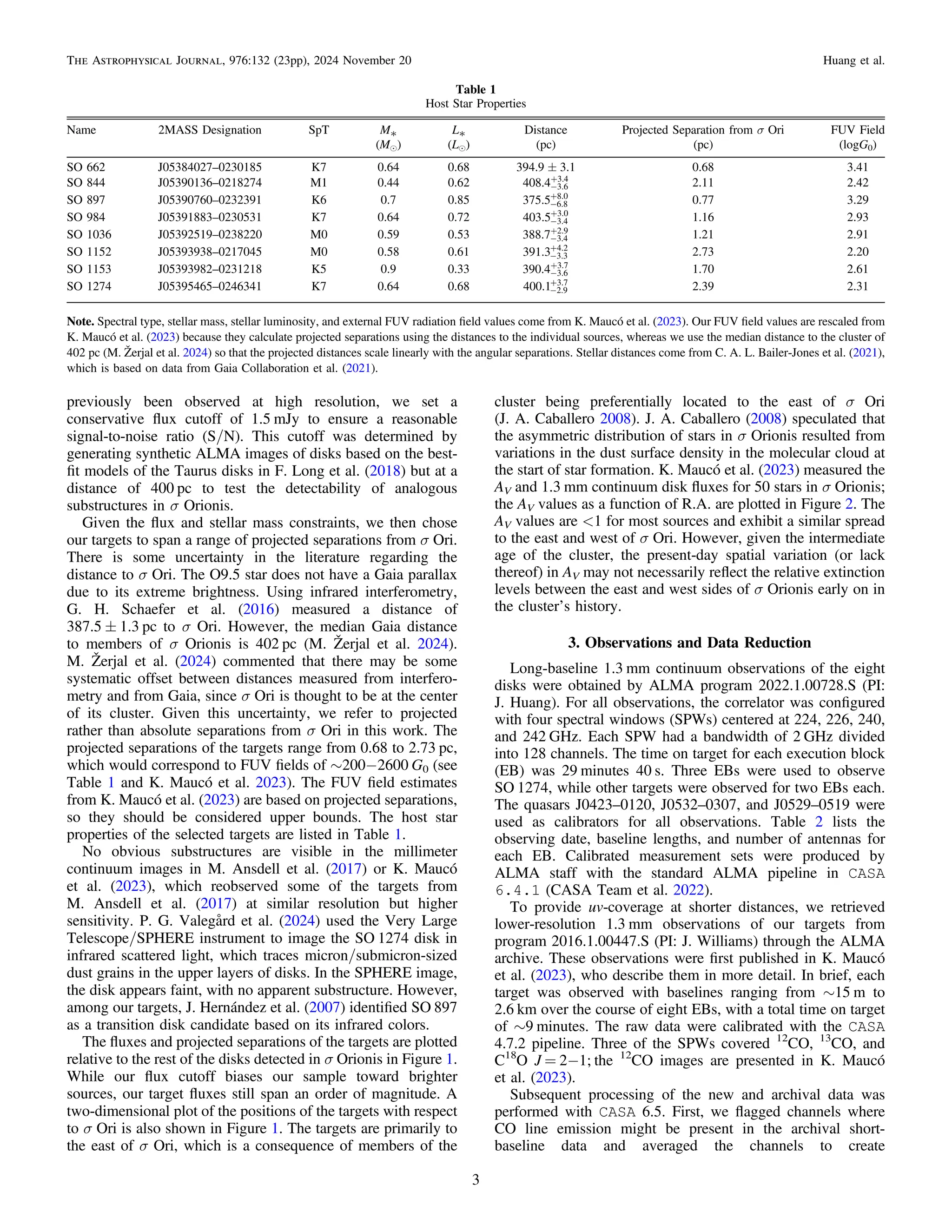 previously been observed at high resolution, we set a
conservative ﬂux cutoff of 1.5 mJy to ensure a reasonable
signal-to-noise ratio (S/N). This cutoff was determined by
generating synthetic ALMA images of disks based on the best-
ﬁt models of the Taurus disks in F. Long et al. (2018) but at a
distance of 400 pc to test the detectability of analogous
substructures in σ Orionis.
Given the ﬂux and stellar mass constraints, we then chose
our targets to span a range of projected separations from σ Ori.
There is some uncertainty in the literature regarding the
distance to σ Ori. The O9.5 star does not have a Gaia parallax
due to its extreme brightness. Using infrared interferometry,
G. H. Schaefer et al. (2016) measured a distance of
387.5 ± 1.3 pc to σ Ori. However, the median Gaia distance
to members of σ Orionis is 402 pc (M. Žerjal et al. 2024).
M. Žerjal et al. (2024) commented that there may be some
systematic offset between distances measured from interfero-
metry and from Gaia, since σ Ori is thought to be at the center
of its cluster. Given this uncertainty, we refer to projected
rather than absolute separations from σ Ori in this work. The
projected separations of the targets range from 0.68 to 2.73 pc,
which would correspond to FUV ﬁelds of ∼200−2600 G0 (see
Table 1 and K. Maucó et al. 2023). The FUV ﬁeld estimates
from K. Maucó et al. (2023) are based on projected separations,
so they should be considered upper bounds. The host star
properties of the selected targets are listed in Table 1.
No obvious substructures are visible in the millimeter
continuum images in M. Ansdell et al. (2017) or K. Maucó
et al. (2023), which reobserved some of the targets from
M. Ansdell et al. (2017) at similar resolution but higher
sensitivity. P. G. Valegård et al. (2024) used the Very Large
Telescope/SPHERE instrument to image the SO 1274 disk in
infrared scattered light, which traces micron/submicron-sized
dust grains in the upper layers of disks. In the SPHERE image,
the disk appears faint, with no apparent substructure. However,
among our targets, J. Hernández et al. (2007) identiﬁed SO 897
as a transition disk candidate based on its infrared colors.
The ﬂuxes and projected separations of the targets are plotted
relative to the rest of the disks detected in σ Orionis in Figure 1.
While our ﬂux cutoff biases our sample toward brighter
sources, our target ﬂuxes still span an order of magnitude. A
two-dimensional plot of the positions of the targets with respect
to σ Ori is also shown in Figure 1. The targets are primarily to
the east of σ Ori, which is a consequence of members of the
cluster being preferentially located to the east of σ Ori
(J. A. Caballero 2008). J. A. Caballero (2008) speculated that
the asymmetric distribution of stars in σ Orionis resulted from
variations in the dust surface density in the molecular cloud at
the start of star formation. K. Maucó et al. (2023) measured the
AV and 1.3 mm continuum disk ﬂuxes for 50 stars in σ Orionis;
the AV values as a function of R.A. are plotted in Figure 2. The
AV values are <1 for most sources and exhibit a similar spread
to the east and west of σ Ori. However, given the intermediate
age of the cluster, the present-day spatial variation (or lack
thereof) in AV may not necessarily reﬂect the relative extinction
levels between the east and west sides of σ Orionis early on in
the cluster’s history.
3. Observations and Data Reduction
Long-baseline 1.3 mm continuum observations of the eight
disks were obtained by ALMA program 2022.1.00728.S (PI:
J. Huang). For all observations, the correlator was conﬁgured
with four spectral windows (SPWs) centered at 224, 226, 240,
and 242 GHz. Each SPW had a bandwidth of 2 GHz divided
into 128 channels. The time on target for each execution block
(EB) was 29 minutes 40 s. Three EBs were used to observe
SO 1274, while other targets were observed for two EBs each.
The quasars J0423–0120, J0532–0307, and J0529–0519 were
used as calibrators for all observations. Table 2 lists the
observing date, baseline lengths, and number of antennas for
each EB. Calibrated measurement sets were produced by
ALMA staff with the standard ALMA pipeline in CASA
6.4.1 (CASA Team et al. 2022).
To provide uv-coverage at shorter distances, we retrieved
lower-resolution 1.3 mm observations of our targets from
program 2016.1.00447.S (PI: J. Williams) through the ALMA
archive. These observations were ﬁrst published in K. Maucó
et al. (2023), who describe them in more detail. In brief, each
target was observed with baselines ranging from ∼15 m to
2.6 km over the course of eight EBs, with a total time on target
of ∼9 minutes. The raw data were calibrated with the CASA
4.7.2 pipeline. Three of the SPWs covered 12
CO, 13
CO, and
C18
O J = 2−1; the 12
CO images are presented in K. Maucó
et al. (2023).
Subsequent processing of the new and archival data was
performed with CASA 6.5. First, we ﬂagged channels where
CO line emission might be present in the archival short-
baseline data and averaged the channels to create
Table 1
Host Star Properties
Name 2MASS Designation SpT M* L* Distance Projected Separation from σ Ori FUV Field
(Me) (Le) (pc) (pc) (logG0)
SO 662 J05384027–0230185 K7 0.64 0.68 394.9 ± 3.1 0.68 3.41
SO 844 J05390136–0218274 M1 0.44 0.62 408.4 3.6
3.4
-
+
2.11 2.42
SO 897 J05390760–0232391 K6 0.7 0.85 375.5 6.8
8.0
-
+
0.77 3.29
SO 984 J05391883–0230531 K7 0.64 0.72 403.5 3.4
3.0
-
+
1.16 2.93
SO 1036 J05392519–0238220 M0 0.59 0.53 388.7 3.4
2.9
-
+
1.21 2.91
SO 1152 J05393938–0217045 M0 0.58 0.61 391.3 3.3
4.2
-
+
2.73 2.20
SO 1153 J05393982–0231218 K5 0.9 0.33 390.4 3.6
3.7
-
+
1.70 2.61
SO 1274 J05395465–0246341 K7 0.64 0.68 400.1 2.9
3.7
-
+
2.39 2.31
Note. Spectral type, stellar mass, stellar luminosity, and external FUV radiation ﬁeld values come from K. Maucó et al. (2023). Our FUV ﬁeld values are rescaled from
K. Maucó et al. (2023) because they calculate projected separations using the distances to the individual sources, whereas we use the median distance to the cluster of
402 pc (M. Žerjal et al. 2024) so that the projected distances scale linearly with the angular separations. Stellar distances come from C. A. L. Bailer-Jones et al. (2021),
which is based on data from Gaia Collaboration et al. (2021).
3
The Astrophysical Journal, 976:132 (23pp), 2024 November 20 Huang et al.
 
