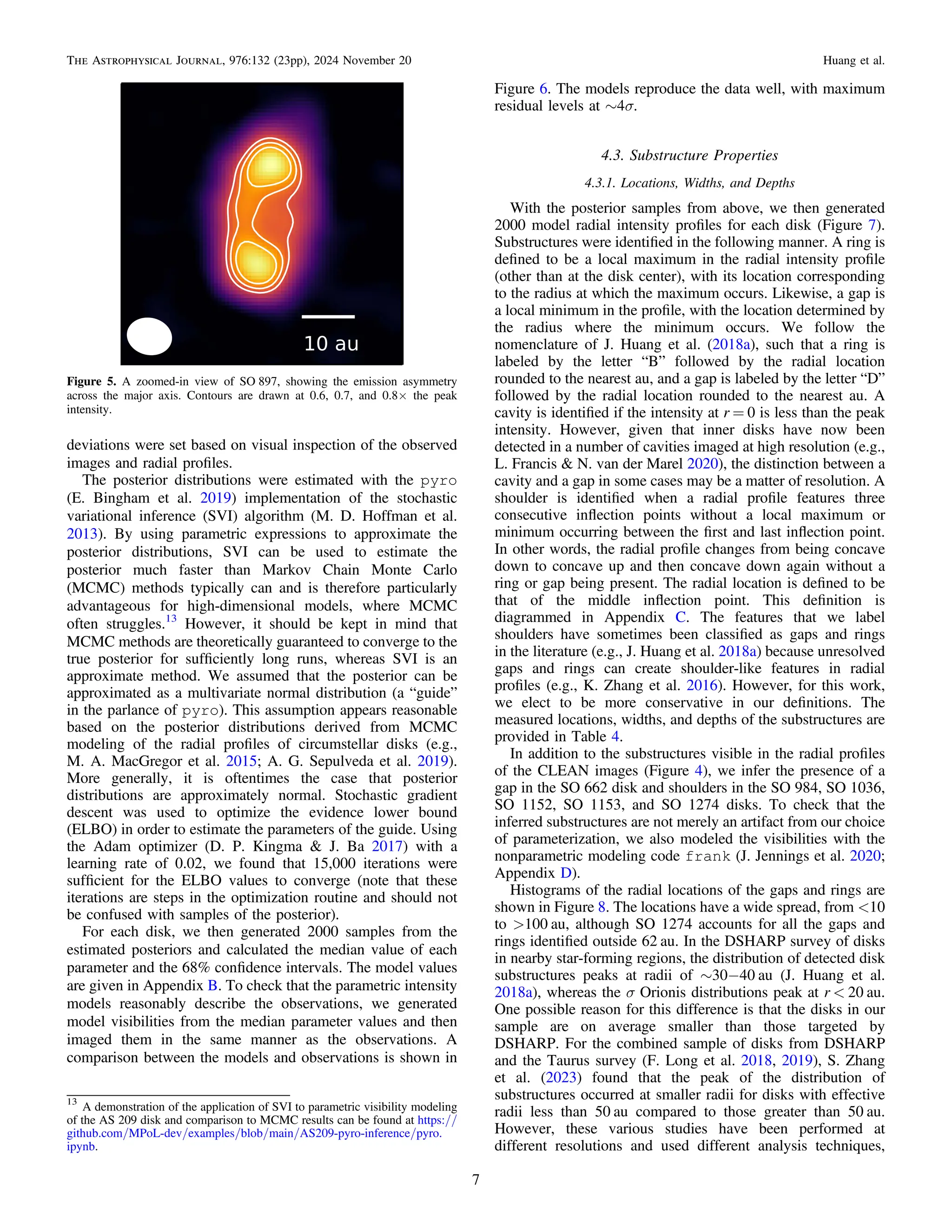 deviations were set based on visual inspection of the observed
images and radial proﬁles.
The posterior distributions were estimated with the pyro
(E. Bingham et al. 2019) implementation of the stochastic
variational inference (SVI) algorithm (M. D. Hoffman et al.
2013). By using parametric expressions to approximate the
posterior distributions, SVI can be used to estimate the
posterior much faster than Markov Chain Monte Carlo
(MCMC) methods typically can and is therefore particularly
advantageous for high-dimensional models, where MCMC
often struggles.13
However, it should be kept in mind that
MCMC methods are theoretically guaranteed to converge to the
true posterior for sufﬁciently long runs, whereas SVI is an
approximate method. We assumed that the posterior can be
approximated as a multivariate normal distribution (a “guide”
in the parlance of pyro). This assumption appears reasonable
based on the posterior distributions derived from MCMC
modeling of the radial proﬁles of circumstellar disks (e.g.,
M. A. MacGregor et al. 2015; A. G. Sepulveda et al. 2019).
More generally, it is oftentimes the case that posterior
distributions are approximately normal. Stochastic gradient
descent was used to optimize the evidence lower bound
(ELBO) in order to estimate the parameters of the guide. Using
the Adam optimizer (D. P. Kingma & J. Ba 2017) with a
learning rate of 0.02, we found that 15,000 iterations were
sufﬁcient for the ELBO values to converge (note that these
iterations are steps in the optimization routine and should not
be confused with samples of the posterior).
For each disk, we then generated 2000 samples from the
estimated posteriors and calculated the median value of each
parameter and the 68% conﬁdence intervals. The model values
are given in Appendix B. To check that the parametric intensity
models reasonably describe the observations, we generated
model visibilities from the median parameter values and then
imaged them in the same manner as the observations. A
comparison between the models and observations is shown in
Figure 6. The models reproduce the data well, with maximum
residual levels at ∼4σ.
4.3. Substructure Properties
4.3.1. Locations, Widths, and Depths
With the posterior samples from above, we then generated
2000 model radial intensity proﬁles for each disk (Figure 7).
Substructures were identiﬁed in the following manner. A ring is
deﬁned to be a local maximum in the radial intensity proﬁle
(other than at the disk center), with its location corresponding
to the radius at which the maximum occurs. Likewise, a gap is
a local minimum in the proﬁle, with the location determined by
the radius where the minimum occurs. We follow the
nomenclature of J. Huang et al. (2018a), such that a ring is
labeled by the letter “B” followed by the radial location
rounded to the nearest au, and a gap is labeled by the letter “D”
followed by the radial location rounded to the nearest au. A
cavity is identiﬁed if the intensity at r = 0 is less than the peak
intensity. However, given that inner disks have now been
detected in a number of cavities imaged at high resolution (e.g.,
L. Francis & N. van der Marel 2020), the distinction between a
cavity and a gap in some cases may be a matter of resolution. A
shoulder is identiﬁed when a radial proﬁle features three
consecutive inﬂection points without a local maximum or
minimum occurring between the ﬁrst and last inﬂection point.
In other words, the radial proﬁle changes from being concave
down to concave up and then concave down again without a
ring or gap being present. The radial location is deﬁned to be
that of the middle inﬂection point. This deﬁnition is
diagrammed in Appendix C. The features that we label
shoulders have sometimes been classiﬁed as gaps and rings
in the literature (e.g., J. Huang et al. 2018a) because unresolved
gaps and rings can create shoulder-like features in radial
proﬁles (e.g., K. Zhang et al. 2016). However, for this work,
we elect to be more conservative in our deﬁnitions. The
measured locations, widths, and depths of the substructures are
provided in Table 4.
In addition to the substructures visible in the radial proﬁles
of the CLEAN images (Figure 4), we infer the presence of a
gap in the SO 662 disk and shoulders in the SO 984, SO 1036,
SO 1152, SO 1153, and SO 1274 disks. To check that the
inferred substructures are not merely an artifact from our choice
of parameterization, we also modeled the visibilities with the
nonparametric modeling code frank (J. Jennings et al. 2020;
Appendix D).
Histograms of the radial locations of the gaps and rings are
shown in Figure 8. The locations have a wide spread, from <10
to >100 au, although SO 1274 accounts for all the gaps and
rings identiﬁed outside 62 au. In the DSHARP survey of disks
in nearby star-forming regions, the distribution of detected disk
substructures peaks at radii of ∼30−40 au (J. Huang et al.
2018a), whereas the σ Orionis distributions peak at r < 20 au.
One possible reason for this difference is that the disks in our
sample are on average smaller than those targeted by
DSHARP. For the combined sample of disks from DSHARP
and the Taurus survey (F. Long et al. 2018, 2019), S. Zhang
et al. (2023) found that the peak of the distribution of
substructures occurred at smaller radii for disks with effective
radii less than 50 au compared to those greater than 50 au.
However, these various studies have been performed at
different resolutions and used different analysis techniques,
Figure 5. A zoomed-in view of SO 897, showing the emission asymmetry
across the major axis. Contours are drawn at 0.6, 0.7, and 0.8× the peak
intensity.
13
A demonstration of the application of SVI to parametric visibility modeling
of the AS 209 disk and comparison to MCMC results can be found at https://
github.com/MPoL-dev/examples/blob/main/AS209-pyro-inference/pyro.
ipynb.
7
The Astrophysical Journal, 976:132 (23pp), 2024 November 20 Huang et al.
 