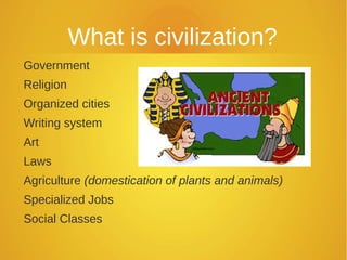What is civilization?
Government
Religion
Organized cities
Writing system
Art
Laws
Agriculture (domestication of plants and animals)
Specialized Jobs
Social Classes
 