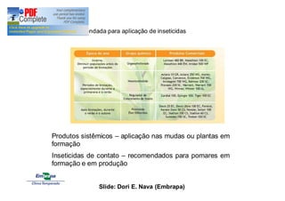 Época recomendada para aplicação de inseticidas 
Produtos sistêmicos – aplicação nas mudas ou plantas em 
formação 
Inseticidas de contato – recomendados para pomares em 
formação e em produção 
Slide: Dori E. Nava (Embrapa) 
