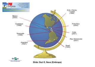 Brasil 
(1942) 
Guadalupe 
(1998) 
Argentina 
(1997) 
EUA - Flórida 
+ Caribe 
(1998) 
Venezuela 
(1999) 
Porto Rico 
(2002) 
Cuba 
(2001) 
Rep. Dominicana 
(2001) 
México 
(2002) 
Slide: Dori E. Nava (Embrapa) 
 