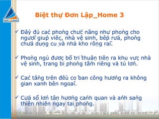 Biệt thự Đơn Lập_Home 3 Đầy đủ các phòng chức năng như phòng cho người giúp việc, nhà vệ sinh, bếp rửa, phòng chứa dụng cụ và nhà kho rộng rãi. Phòng ngủ được bố trí thuận tiện ra khu vực nhà vệ sinh, trang bị phòng tắm riêng và tủ lớn. Các tầng trên đều có ban công hướng ra không gian xanh bên ngoài. Cửa sổ lớn tận hưởng cảnh quan và ánh sáng thiên nhiên ngay tại phòng. 