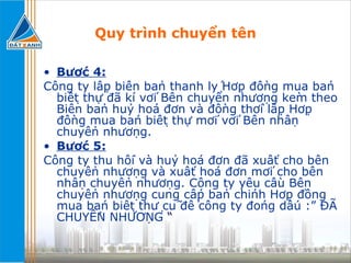 Quy trình chuyển tên Bước 4: Công ty lập biên bản thanh lý Hợp đồng mua bán biệt thự đã kí với Bên chuyển nhượng kèm theo Biên bản hủy hóa đơn và đồng thời lập Hợp đồng mua bán biệt thự mới với Bên nhận chuyển nhượng. Bước 5: Công ty thu hồi và hủy hóa đơn đã xuất cho bên chuyển nhượng và xuất hóa đơn mới cho bên nhận chuyển nhượng. Công ty yêu cầu Bên chuyển nhượng cung cấp bản chính Hợp đồng mua bán biệt thự cũ để công ty đóng dấu :” ĐÃ CHUYỂN NHƯỢNG  “ 