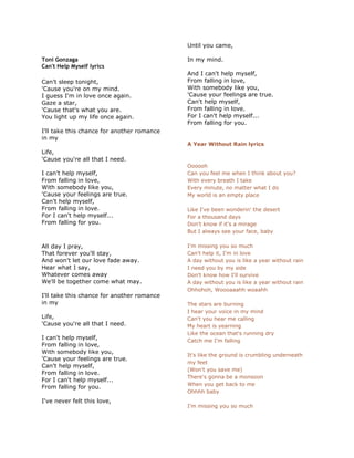 Toni GonzagaCan't Help Myself lyrics<br />Can't sleep tonight, 'Cause you're on my mind.I guess I'm in love once again.Gaze a star, 'Cause that's what you are.You light up my life once again.I'll take this chance for another romance in myLife, 'Cause you're all that I need.I can't help myself, From falling in love, With somebody like you, 'Cause your feelings are true.Can't help myself, From falling in love.For I can't help myself... From falling for you.[ Lyrics from: http://www.lyricsmode.com/lyrics/t/toni_gonzaga/cant_help_myself.html ]All day I pray, That forever you'll stay, And won't let our love fade away.Hear what I say, Whatever comes awayWe'll be together come what may.I'll take this chance for another romance in myLife, 'Cause you're all that I need.I can't help myself, From falling in love, With somebody like you, 'Cause your feelings are true.Can't help myself, From falling in love.For I can't help myself... From falling for you.I've never felt this love, Until you came, <br />In my mind.And I can't help myself, From falling in love, With somebody like you, 'Cause your feelings are true.Can't help myself, From falling in love.For I can't help myself... From falling for you.<br />A Year Without Rain lyricsOoooohCan you feel me when I think about you? With every breath I take Every minute, no matter what I doMy world is an empty placeLike I've been wonderin' the desert For a thousand days Don't know if it's a mirage But I always see your face, baby I'm missing you so much Can't help it, I'm in love A day without you is like a year without rain I need you by my side Don't know how I'll survive A day without you is like a year without rain Ohhohoh, Woooaaahh woaahh The stars are burning I hear your voice in my mindCan't you hear me calling My heart is yearning Like the ocean that's running dry Catch me I'm falling It's like the ground is crumbling underneath my feet (Won't you save me)There's gonna be a monsoon When you get back to me Ohhhh baby I'm missing you so much Can't help it, I'm in love A day without you is like a year without rain I need you by my sideDon't know how I'll survive A day without you is like a year without rain Ohhohoh, Woooaaahh woaahh So let this drought come to an end And make this desert flower again I'm so glad you found meStick around meBaby, baby, baby, ohIt's a world of wonder with you in my lifeSo hurry babyDon't waste no more timeAnd I need you here I can't explain the day without you Is like a year without rain Ohhohoh I'm missing you so muchCan't help it, I'm in love A day without you is like a year without rain I need you by my sideDon't know how I'll survive A day without you is like a year without rain Ohhohoh, Woooaaahh woaahh Ooohh, Ooooooooouuhh<br />Who Says lyrics[Verse 1]I wouldn't want to be anybody else( Hey! ) You made me insecureTold me I wasn't good enoughBut who are you to judgeWhen you're a diamond in the roughI'm sure you got some thingsYou'd like to change about yourselfBut when it comes to meI wouldn't want to be anybody elseNa na na na naNa na na na na na I'm no beauty queenI'm just beautiful meLa na na na na na na na na!La na na na na na na na na!You've got every rightTo a beautiful life( C'mon! )Who saysWho says you're not perfectWho says you're not worth itWho says you're the only one that's hurtingTrust meThat's the price of beautyWho says you're not prettyWho says you're not beautifulWho says[Selena Gomez - Verse 2]It's such a funny thingHow nothing's funny when it's youYou tell 'em what you meanBut they keep whiting out the truthIt's like a work of artThat never gets to see the lightKeep you beneath the starsWon't let you touch the sky<br />La na na na na na na na na!La na na na na na na na na!I'm no beauty queenI'm just beautiful meLa na na na na na na na na!La na na na na na na na na!You've got every rightTo a beautiful lifeC'mon[Chorus]Who saysWho says you're not perfectWho says you're not worth itWho says you're the only one that's hurtingTrust meThat's the price of beautyWho says you're not prettyWho says you're not beautifulWho saysWho says you're not star potentialWho says you're not presidentialWho says you can't be in moviesListen to me, listen to meWho says you don't pass the testWho says you can't be the bestWho said, who saidWon't you tell me who said that( Yeah, WHO SAID!? )Who saysWho says you're not perfectWho says you're not worth itWho says you're the only one that's hurtingTrust meThat's the price of beautyWho says you're not prettyWho says you're not beautifulWho says(x2)<br />NEED YOU NOW<br />Picture perfect memories, scattered all around the floor.Reaching for the phone cause, I can't fight it any more.And I wonder if I ever cross your mind.For me it happens all the time.It's a quarter after one, I'm all alone and I need you now.I said I wouldn't call but I lost all control and I need you now.And I don't know how I can do without, I just need you now.Another shot of whiskey, can't stop looking at the door.Wishing you'd come sweeping in the way you did before.And I wonder if I ever cross your mind.For me it happens all the time.It's a quarter after one, I'm a little drunk and I need you now.I said I wouldn't call but I lost all control and I need you now.And I don't know how I can do without, I just need you now.I guess I'd rather hurt than feel nothing at all.It's a quarter after one, I'm all alone and I need you now.And I said I wouldn't call, but I'm a little drunk and I need you now.And I don't know how I can do without, I just need you now.I just need you now.Oh baby I need you now.<br />ON THE FLOOR<br />J-LO!It's a new generation (Mr. Worldwide)Of party peopleNow, get on the floorDale, get on the floor (Red One)Let me introduce you to my party peopleIn the club...[Pitbull]I'm looseAnd everybody knows I get off the trainBaby it's the truthI'm like inception I play with your brainSo I don't sleep I snoozeI don't play no games so don't get it confused noCos you will lose yeahNow pump it upAnd back it up like a Tonka truckDale![Jennifer Lopez]If you go hard you gotta get on the floorIf you're a party freak then step on the floorIf you're an animal then tear up the floorBreak a sweat on the floorYeah we work on the floorDon't stop keep it movingPut your drinks upPick your body up and drop it on the floorLet the rhythm change your world on the floorYou know we're running sh*t tonight on the floorBrazil MoroccoLondon to IbizaStraight to LA, New YorkVegas to Africa (Dale!)[Chorus]Dance the night awayLive your life ,and stay young on the floorDance the night awayGrab somebody drink a little moreAaa la la la la, lalalalalala la laaaaTonight we gon' be it on the floorAaa la la la la, lalalalalala la laaaaTonight we gon' be it on the floor[Verse 2]I know you got it clap your hands on the floorAnd keep on rockin', rock it up on the floorIf you're a criminal kill it on the floorSteal it quick on the floor, on the floorDon't stop keep it movingPut your drinks upIts getting ill it's getting sick on the floorWe never quit, we never rest on the floorIf I ain't wrong we'll probably die on the floorBrazil MoroccoLondon to IbizaStraight to LA, New YorkVegas to Africa (Dale!)[Chorus]Dance the night awayLive your life, and stay young on the floorDance the night wayGrab somebody drink a little moreAaa la la la la, lalalalalala la laaaaTonight we gon' be it on the floorAaa la la la la, lalalalalala la laaaaTonight we gon' be it on the floorAaa la la la la, lalalalalala la laaaaTonight we gon' be it on the floorAaa la la la la, lalalalalala la laaaaTonight we gon' be it on the floorFreak it off kick it upRaise the roof wreck the dancehallRip these walls light it upMake some noise ohhh[Pibull]That badonka donk is like a trunk full of bass on an old school ChevyAll I need is some vodka and some, cokeAnd watch, get donkey konged, if you're ready for things to get heavyI get on the floor and act a fool if you let meDon't believe me just vet meMy name ain't Keath but I see why you Sweat meL.A. Miami New YorkSay no more get on the floorAaa la la la la, lalalalalala la laaaaTonight we gon' be it on the floorAaa la la la la, lalalalalala la laaaaTonight we gon' be it on the floorAaa la la la la, lalalalalala la laaaaTonight we gon' be it on the floorAaa la la la la, lalalalalala la laaaaTonight we gon' be it on the floorAaa la la la la, lalalalalala la laaaaTonight we gon' be it on the floor<br />