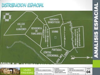 ANALISISESPACIAL
UNJBG
FIAG-ESAQ
CURSO:
HISTORIA DE LA ARQUITECTURA III
ALUMNOS:
-ELMER BENITO FLORES
-CRISTIAN CHAVES
-GABRIEL MARCA RIVERA
DOCENTE:
ARQ. BEATRIZ VARGAS BERNUY
LAMINA:
04TEMA:
COMPLEJO ARQ. HUANUCO PAMPA
FECHA:
17 DE JUNIO DEL 2013
 