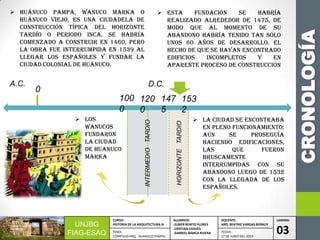 CRONOLOGÍA
UNJBG
FIAG-ESAQ
CURSO:
HISTORIA DE LA ARQUITECTURA III
ALUMNOS:
-ELMER BENITO FLORES
-CRISTIAN CHAVES
-GABRIEL MARCA RIVERA
DOCENTE:
ARQ. BEATRIZ VARGAS BERNUY
LAMINA:
03TEMA:
COMPLEJO ARQ. HUANUCO PAMPA
FECHA:
17 DE JUNIO DEL 2013
 esta fundación se habría
realizado alrededor de 1475, de
modo que al momento de su
abandono habría tenido tan sólo
unos 60 años de desarrollo. El
hecho de que se hayan encontrado
edificios incompletos y en
aparente proceso de construcción
 la ciudad se encontraba
en pleno funcionamiento;
aún se proseguía
haciendo edificaciones,
las que fueron
bruscamente
interrumpidas con su
abandono luego de 1532
con la llegada de los
españoles.
 HUÁNUCO PAMPA, WANUCO MARKA O
HUÁNUCO VIEJO, ES UNA CIUDADELA DE
CONSTRUCCIÓN TÍPICA DEL HORIZONTE
TARDÍO O PERIODO INCA. SE HABRÍA
COMENZADO A CONSTRUIR EN 1460, PERO
LA OBRA FUE INTERRUMPIDA EN 1539 AL
LLEGAR LOS ESPAÑOLES Y FUNDAR LA
CIUDAD COLONIAL DE HUÁNUCO.
A.C. D.C.
0
147
5
153
2
INTERMEDIOTARDIO
HORIZONTETARDIO
 LOS
WANUCOS
FUNDARON
LA CIUDAD
DE HUANUCO
MARKA
100
0
120
0
 