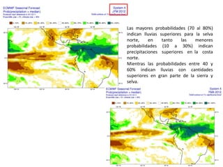 Las mayores probabilidades (70 al 80%)
indican lluvias superiores para la selva
norte,     en    tanto    las   menores
probabilidades (10 a 30%) indican
precipitaciones superiores en la costa
norte.
Mientras las probabilidades entre 40 y
60% indican lluvias con cantidades
superiores en gran parte de la sierra y
selva.
 