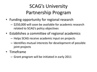 Examples of Current ResearchTransportation System ResearchCongestion pricing analysis (Consultant)Environmental Planning ResearchClimate & Economic Development Project (Consultant)Model/Tool DevelopmentActivity-based transportation model (UCSB/ASU/UT)Land use model (UC Davis, University of Calgary)Sustainability tool (Consultant)California Land Opportunity Tracking System (UCLA)