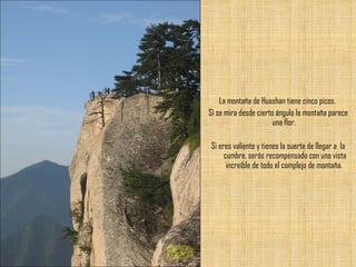 La montaña de Huashan tiene cinco picos.  Si se mira desde cierto ángulo la montaña parece una flor.  Si eres valiente y tienes la suerte de llegar a  la cumbre, serás recompensado con una vista increíble de todo el complejo de montaña.  