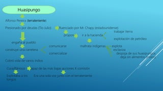 Huasipungo
Alfonso Pereira (terrateniente)
Presionado por deudas (Tío Julio) influenciado por Mr. Chapy (estadounidense)
trabajar tierra
propone ir a la hacienda
explotación de petróleo
engaña al pueblo
comunicarse maltrata indígenas explota
construye una carretera esclaviza
comercializar despoja de sus huasipungos
deja sin alimentos (indios)
Cobró vida de varios indios
Cura/Párroco capaz de las más bajas acciones X comisión
Explotaba a los Era una sola voz junto con el terrateniente
longos
 