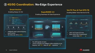 Huawei Confidential
18
③ 4G/5G Coordination: No-Edge Experience
SuperBAND 2.0
Enabling Seamless 5G Data Experience
Smart Anchor
Enabling Always On 5G
VoLTE Plus & Fast EPS FB
Enabling Better Voice Service for 5G
• Intelligently select optimal frequency
band to anchor
• 5G Online rate: 40% to 100%
• 100% VoLTE bears 5G Voice
• Same vendor free of measurement:
access delay 40%
• The LNR logically one band
• Fast DC activation and intelligent unified scheduling at one
frequency with 70% delay and 20% experience
 