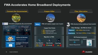 Huawei Confidential
40
FWA Accelerates Home Broadband Deployments
Connect the Unconnected Copper Killer Fiber Alternative
Clear Strategy：5G FWA for Home
Segment 30M-100Mbps high end users
Experience Peak Speed 428Mbps, Average 215Mbps
5G Precise Investment
Market Requirement
Network Requirement
Value area identification
Copper Pain Points
 30% Experience complains
 68% Copper Fault Rate
 200K Subscriber loss in 2018
Migration to FWA
Opex Saving Churn Rate
Fast Migration
20K per Month
570K planed
60M per year 80%
 