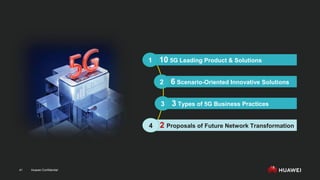 Huawei Confidential
41
10 5G Leading Product & Solutions
1
6 Scenario-Oriented Innovative Solutions
2
2 Proposals of Future Network Transformation
4
3 Types of 5G Business Practices
3
 