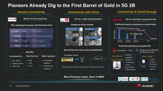 Huawei Confidential
51
Industry Connectivity Connectivity with Cloud Connectivity & Cloud Synergy
Why replacing microwave with 5G leased line?
Pioneers Already Dig to the First Barrel of Gold in 5G 2B
Benefits
More Services
Committed SLA Better Operation
 3X operation
efficiency
 2X better user
experience
 SLA: 99.9%
 Latency≤100ms
 Jitter <4ms
 Data
 VoIP
 CCTV
…
More Pioneers Cases: Seen in MWC
Dangerous driver actions
Fatigue Driving Not fastened
Smoking Not looking ahead
Traditional reactive maintenance causes faults
Predictive maintenance requires 5G
Low latency : <10ms Money saving: 20M Euro
per factory per year
25% failure rate
5G+AI+Cloud for driver action identification
5G
Cloud + AI
AI-enabled camera
Market potential: 583,437 buses (China); 15,285 buses (Shenzhen）
 