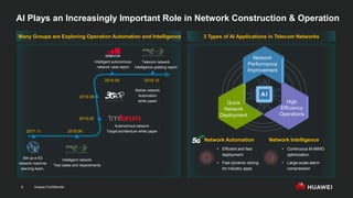 Huawei Confidential
8
AI Plays an Increasingly Important Role in Network Construction & Operation
Network Automation Network Intelligence
• Efficient and fast
deployment
• Fast dynamic slicing
for industry apps
Autonomous network
Target architecture white paper
2019.05
2018.06
Intelligent network
Test cases and requirements
2017.11
Set up a 5G
network machine
learning team.
2019.10
2019.08
Intelligent autonomous
network case report
Mobile network
Automation
white paper
2019.09
Telecom network
Intelligence grading report
• Continuous M-MIMO
optimization
• Large-scale alarm
compression
Quick
Network
Deployment
High
Efficiency
Operations
Network
Performance
Improvement
Many Groups are Exploring Operation Automation and Intelligence 3 Types of AI Applications in Telecom Networks
 