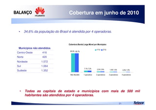 
21

   
   
 
    
 
Cobertura em junho de 2010
• 34,6% da população do Brasil é atendida por 4 operadoras.
• Todas as capitais de estado e municípios com mais de 500 mil
habitantes são atendidos por 4 operadoras.
1.352Sudeste
1.064Sul
1.572Nordeste
420Norte
416Centro-Oeste
Municípios não atendidos
 