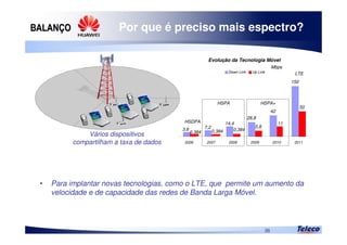 
36
Por que é preciso mais espectro?
Vários dispositivos
compartilham a taxa de dados
• Para implantar novas tecnologias, como o LTE, que permite um aumento da
velocidade e de capacidade das redes de Banda Larga Móvel.
Evolução da Tecnologia Móvel
3,6 7,2
14,4
28,8
42
150
0,384 0,384 0,384
5,8
11
50
2006 2007 2008 2009 2010 2011
Mbps
Down Link Up Link
HSDPA
HSPA HSPA+
LTE
 
