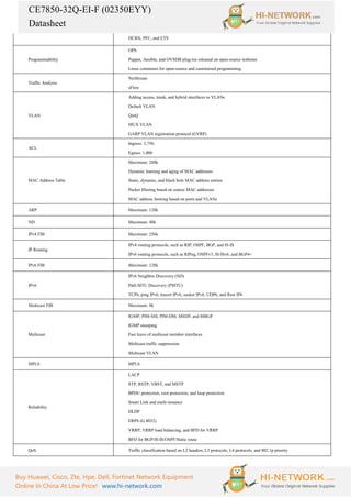 CE7850-32Q-EI-F (02350EYY)
Datasheet
Buy Huawei, Cisco, Zte, Hpe, Dell, Fortinet Network Equipment
Online In China At Low Price! www.hi-network.com
DCBX, PFC, and ETS
Programmability
OPS
Puppet, Ansible, and OVSDB plug-ins released on open-source websites
Linux containers for open-source and customized programming
Traffic Analysis
NetStream
sFlow
VLAN
Adding access, trunk, and hybrid interfaces to VLANs
Default VLAN
QinQ
MUX VLAN
GARP VLAN registration protocol (GVRP)
ACL
Ingress: 3,750;
Egress: 1,000
MAC Address Table
Maximum: 288k
Dynamic learning and aging of MAC addresses
Static, dynamic, and black hole MAC address entries
Packet filtering based on source MAC addresses
MAC address limiting based on ports and VLANs
ARP Maximum: 128k
ND Maximum: 48k
IPv4 FIB Maximum: 256k
IP Routing
IPv4 routing protocols, such as RIP, OSPF, BGP, and IS-IS
IPv6 routing protocols, such as RIPng, OSPFv3, IS-ISv6, and BGP4+
IPv6 FIB Maximum: 128k
IPv6
IPv6 Neighbor Discovery (ND)
Path MTU Discovery (PMTU)
TCP6, ping IPv6, tracert IPv6, socket IPv6, UDP6, and Raw IP6
Multicast FIB Maximum: 8k
Multicast
IGMP, PIM-SM, PIM-DM, MSDP, and MBGP
IGMP snooping
Fast leave of multicast member interfaces
Multicast traffic suppression
Multicast VLAN
MPLS MPLS
Reliability
LACP
STP, RSTP, VBST, and MSTP
BPDU protection, root protection, and loop protection
Smart Link and multi-instance
DLDP
ERPS (G.8032)
VRRP, VRRP load balancing, and BFD for VRRP
BFD for BGP/IS-IS/OSPF/Static route
QoS Traffic classification based on L2 headers, L3 protocols, L4 protocols, and 802.1p priority
 