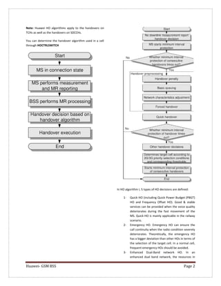 Huawei- GSM BSS Page 2 
Note: Huawei HO algorithms apply to the handovers on TCHs as well as the handovers on SDCCHs. 
You can determine the handover algorithm used in a cell through HOCTRLSWITCH 
In HO algorithm I, 5 types of HO decisions are defined: 
1- Quick HO (including Quick Power Budget (PBGT) HO and Frequency Offset HO). Good & stable services can be provided when the voice quality deteriorates during the fast movement of the MS. Quick HO is mainly applicable in the railway scenario. 
2- Emergency HO. Emergency HO can ensure the call continuity when the radio condition severely deteriorates. Theoretically, the emergency HO has a bigger deviation than other HOs in terms of the selection of the target cell. In a normal cell, frequent emergency HOs should be avoided. 
3- Enhanced Dual-Band network HO. In an enhanced dual band network, the resources in  