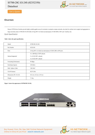 S5700-28C-EI-24S (02352350)
Datasheet
Buy Huawei, Cisco, Zte, Hpe, Dell, Fortinet Network Equipment
Online In China At Low Price! www.hi-network.com
Overview
Huawei S5700 Series Switches provide highly scalable gigabit access for terminals in enterprise campus networks; also ideal for resilient server support and aggregation in
large-scale data centers. S5700-28C-EI-24S offers 24 Gig SFP, 4 of which are dual-purpose 10/100/1000 or SFP, and 1 interface slot.
Quick Specification
Table 1 shows the quick specification.
Model S5700-28C-EI-24S
Part Number 02352350
Ports 24 Gig SFP, 4 of which are dual-purpose 10/100/1,000 or SFP ports
Subcard Supported
4 x 1,000 Base-X SFP subcard,
2 x 10 GE SFP+ subcard,
4 x 10 GE SFP+ subcard
Forwarding Performance 96 Mpps
Switching Capacity 256 Gbit/s
MAC Address Table 32K MAC
VLAN Features 4K VLANs
Dimensions (W x D x H) 44.2 cm x 42 cm x 4.36 cm
Weight 7.3 Kg
Figure 1 shows the appearance of S5700-28C-EI-24S.
 