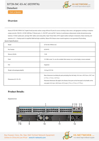S5720-56C-EI-AC (02359576)
Datasheet
Buy Huawei, Cisco, Zte, Hpe, Dell, Fortinet Network Equipment
Online In China At Low Price! www.hi-network.com
Overview
Huawei S5720-56C-PWR-EI-AC Gigabit Switch provides resilient, energy-efficient GE ports for access switching in data centers, and aggregation switching in enterprise
campus networks. With 48 x 10/100/1,000 Base-T Ethernet ports, 4 x 10G SFP+ ports and PoE+ function, its performance enhancements include advanced processing
hardware, 10 Gbit/s uplink ports, and large MAC address and routing tables; Super Virtual Fabric (SVF) support enables intelligent virtualization, iStack clustering, and
operation in N + 1 backup mode for simplified O&M and high availability. Mature IPv6 features ensure smooth migration to next-generation IP networking.
Quick Specification
Model S5720-56C-PWR-EI-AC
Part Number 02359576
Memory (RAM) 2 GB
Flash 512 MB in total. To view the available flash memory size, run the display version command.
PoE Supported
Weight with packaging [kg(lb)] 10.4 kg (22.93 lb)
Dimensions (H x W x D)
Basic dimensions (excluding the parts protruding from the body): 44.4 mm x 442.0 mm x 424.7 mm
(1.75 in. x 17.4 in. x 16.72 in.)
Maximum dimensions (the depth is the distance from ports on the front panel to the handle on the
rear panel): 44.4 mm x 442.0 mm x 451.8 mm (1.75 in. x 17.4 in. x 17.79 in.)
Product Details:
Appearance:
 