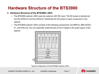 HUAWEI TECHNOLOGIES Co., Ltd. HUAWEI Confidential Page 15
Hardware Structure of the BTS3900
Typical configuration of the BTS3900 cabinet (-48V)
 Hardware Structure of the BTS3900 (-48V)
 The BTS3900 cabinet (-48V) uses the external -48V DC input. The DC power is directly led
into the DCDU-01 and the DCDU-01 distributes the DC power to each component in the
cabinet.
 The BTS3900 cabinet (-48V) consists of the following components: the MRFUs, BBU,DCDU-
01, and FAN unit. You can optionally install devices of 3U in height in the spare space of the
cabinet.
 